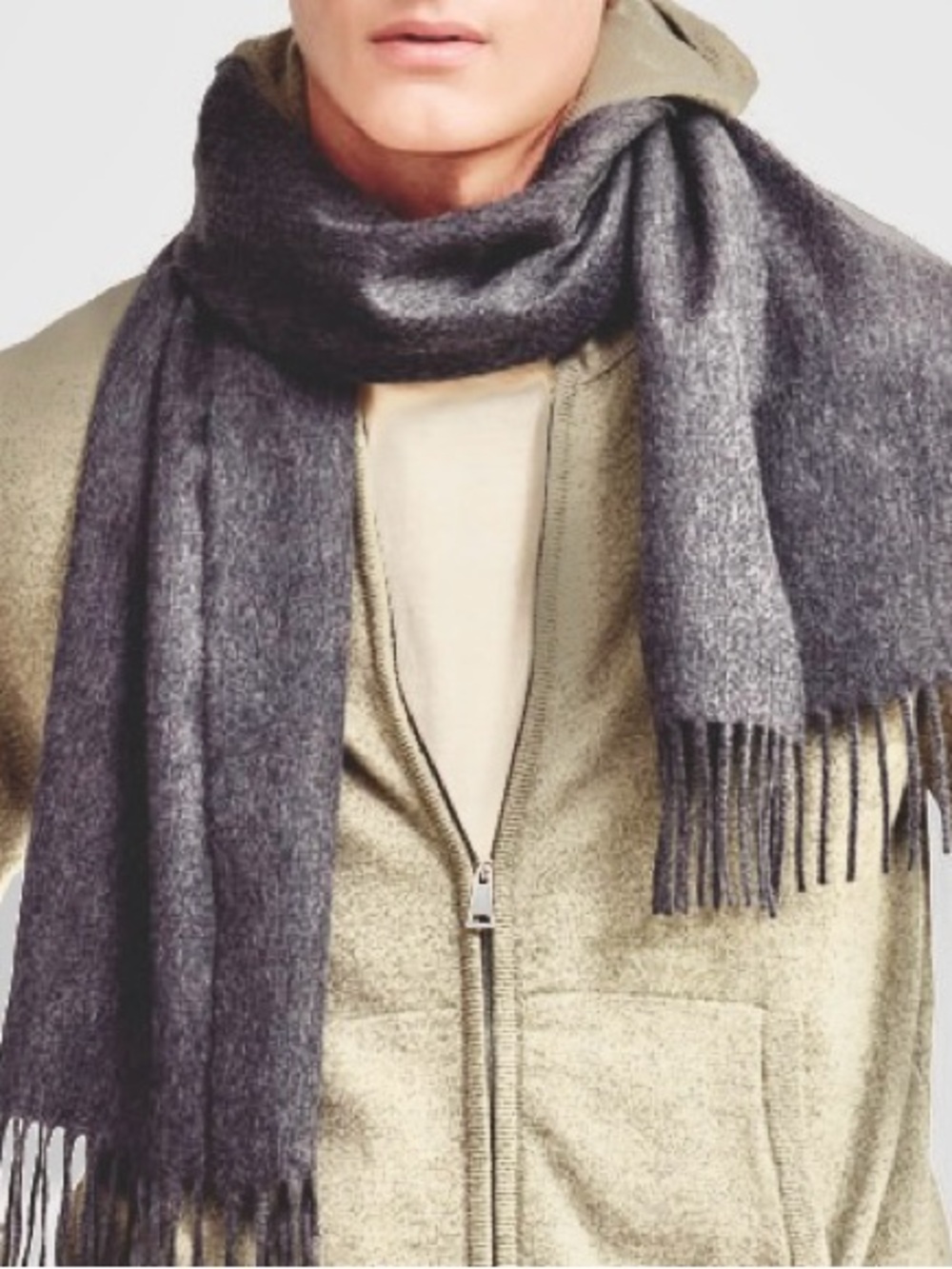 Men's Oversized Pure Cashmere Fringed Scarf Made in Scotland in Shadow Gray